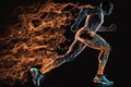 Sport. Runner. Side view of a jogger legs with the power in the veins isolated on black. Fire and energy Generative AI Royalty Free Stock Photo