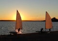 Sport sail yachts on sandy beach at sunset and seagulls flying in the evening sky. Ottawa river Ontario Canada Royalty Free Stock Photo