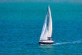 Sport sailing ship sailing through bay with calm sea and blue sky. Space to insert your text. Royalty Free Stock Photo