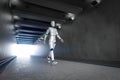 Sport science technology with robot walking through stadium tunnel
