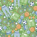 Sport seamless pattern. Sport clothes, bike, dumbbell, scales, running shoes, ball, scales vector flat illustration.