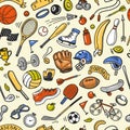 Sport Seamless pattern. Icons doodle style. Equipment for fitness and training. Symbols of health and activity. Tennis Royalty Free Stock Photo