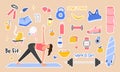 Sport set lifestyle concept. Cute girl doing exercises trying to keep fit. Hand drawn funny elements of a healthy Royalty Free Stock Photo