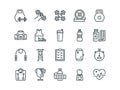 Sport. Set of outline vector icons. Includes such as Fitness Tracker, Cardio monitor, Bodybuilding equipment and other.