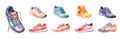 Sport shoes icons, watercolor sneakers different colors and style. Athletic shoe, isolated athletes equipment or