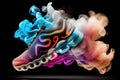 sport shoes with magical colourful smoke floating and dancing above the ground