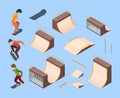Sport skate park. Outdoor activities urban teenagers skaters in action poses jumping on trampoline and railings vector