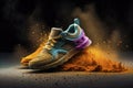 Sport sneakers with a powerful explosion of mix color powder.AI generated
