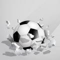 Sport soccer ball crashed into the ground at high speed and breaks into shards, cracks. Inflicting heavy damage. Vector