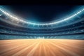 Sport stadium with grandstands full of fans, shining night lights and wooden deck. Digital 3D illustration of sport stadium for