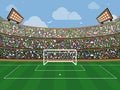 Sport stadium with soccer goal net, green grass, tribunes, fans and blue sky with cloud. Footbal arena. Flat style banner.