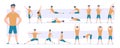 Sport stretching. Muscles flexibility poses workout movements action for recreation people exact vector colored