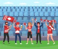 Sport supporters. Soccer team happy fans group with rooter equipment and flags, stadium victory celebration, screaming