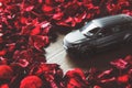 Sport SUV black oxide car and red petal wallpaper background, selective focus Royalty Free Stock Photo