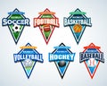 Sport team logo emblems, badge, t-shirt apparel design templates set. Soccer, American football, Basketball, Volleyball, Baseball