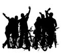 Sport tourist company friends on bicycles. Silhouette biker people, mountain bike crew, backpacks, helmets. Friendship, leisure. Royalty Free Stock Photo