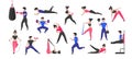 Sport training. Cartoon male and female characters doing sport exercises and healthy activities. Vector fitness and