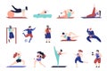 Sport training characters. Gymnastics person, isolated people workout. Girl boy jump, doing exercises and fitness in gym