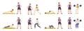 Sport training with trainer. Boy and girl athletes doing personal workout. Male female coach, physical health cartoon