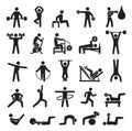 Sport training workout icon, fitness exercising pictograms. People lifting dumbbells, doing yoga, boxing. Sports