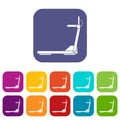 Sport treadmill running road equipment icons set