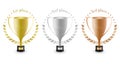 Sport trophies for the first place, second place and third place with laurel wreath and stars. Gold, silver and bronze trophy. Vec Royalty Free Stock Photo