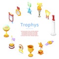 Sport trophy, prizes, statuettes and golden cups for winners vector icons poster. Golden reward and gold trophy for