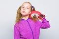 Sport upbringing. Skill of successful leader. Girl cute child with red gloves posing on white background. Sport Royalty Free Stock Photo