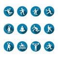 Sport vector icons set, flat fitness logo, emblem of the team and singles games. White badges athlete in a round blue frame with s Royalty Free Stock Photo