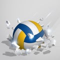 Sport volleyball ball crashed into the ground at high speed and breaks into shards, cracks. Inflicting heavy damage. Vector