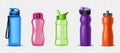 Sport water bottles set. Realistic plastic and glass cup for workout, jogging, cycling refreshment