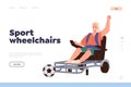 Sport wheelchair landing page design template with happy woman with injured body playing football