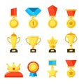 Sport trophy award, gold championship goblet and awarding reward cup. Golden awards at rewards ceremony vector icons set Royalty Free Stock Photo