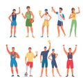 sport winners. active healthy happy people sport competition winners holding medals and cup awards in hands. Vector Royalty Free Stock Photo