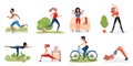 Sport woman activity set, young character doing fitness workout with dumbbells, yoga