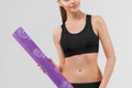 Sport woman in black slim with mat for joga