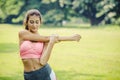 Sport women doing body warm up shoulder arm stretching muscle relax prepare for run and exercise