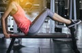 Sport woman doing situp or crunches in gym,Female exercise muscular her stomach,Close up Royalty Free Stock Photo