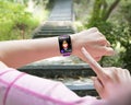 Sport woman finger pointing health sensor smart watch hand wearing Royalty Free Stock Photo