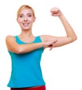 Sport woman fitness girl showing her muscles. Power and energy. Isolated. Royalty Free Stock Photo