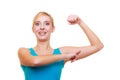 Sport woman fitness girl showing her muscles. Power and energy. Isolated. Royalty Free Stock Photo