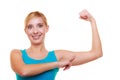 Sport woman fitness girl showing her muscles. Power and energy. Isolated. Royalty Free Stock Photo