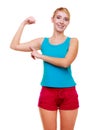 Sport woman fitness girl showing her muscles. Power and energy. Isolated. Royalty Free Stock Photo