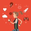 Sport woman with headphones social media orange background