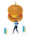 Sport woman holding big hamburger and exercising.