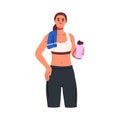 Sport woman holding water bottle in hand. Young girl in sportswear portrait, standing with drink tumbler, towel on Royalty Free Stock Photo