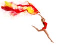 Sport Woman Jumping with Flying Cloth, Happy Gymnast Girl with Fluttering Fabric, Gymnastics Royalty Free Stock Photo