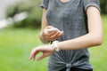 Sport woman with sports watch and cellphone Royalty Free Stock Photo