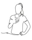 Sport woman taking self picture with smartphone camera. Continuous line drawing. Isolated white background. Vector Royalty Free Stock Photo