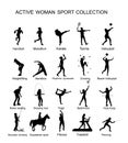 Sport woman vector silhouette collection in different sport discipline. Big set active sport people illustration. Girl athlete. Royalty Free Stock Photo